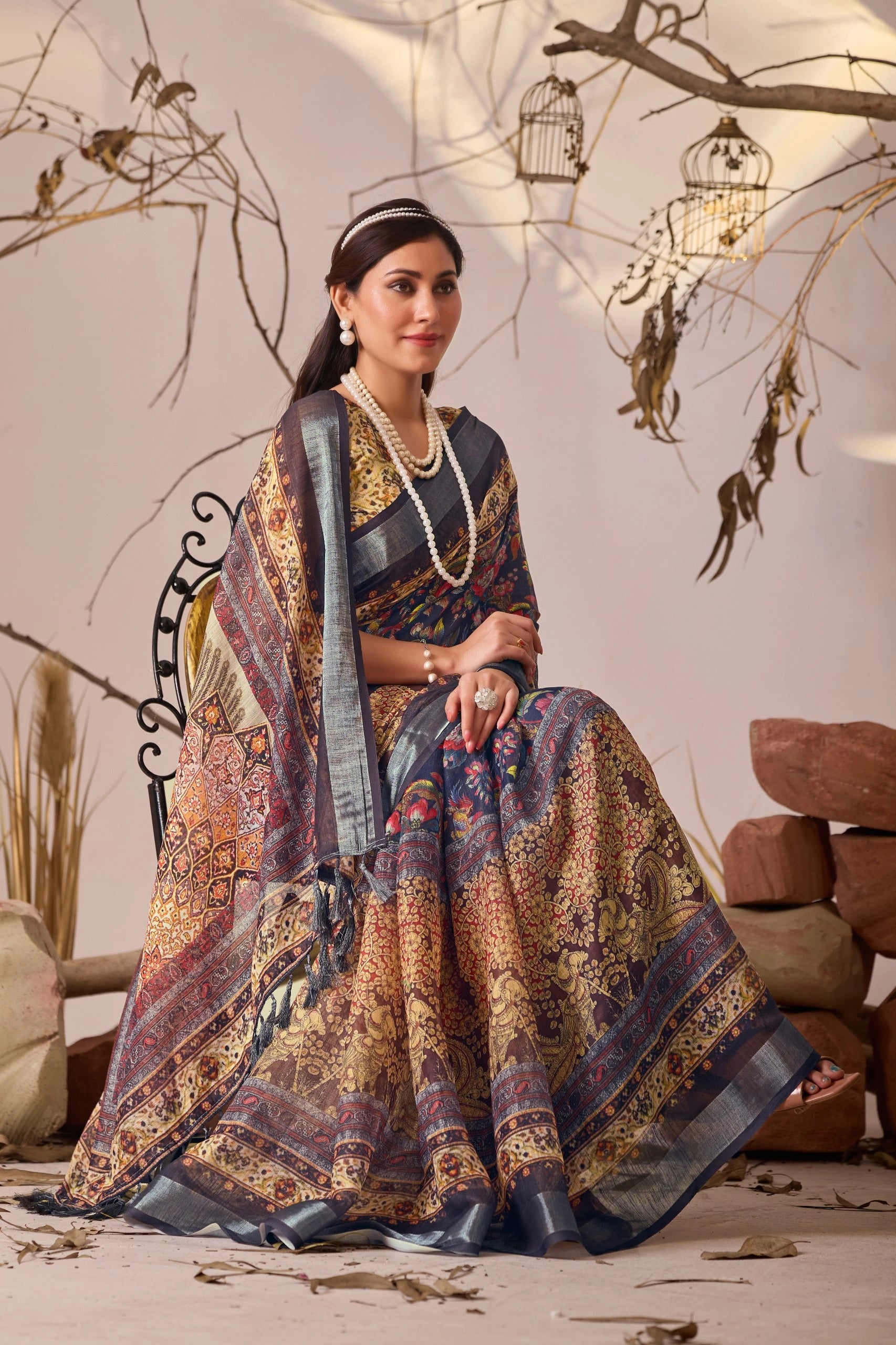 Beige Digital Floral Royal Ethnic Print Linen Cotton Saree